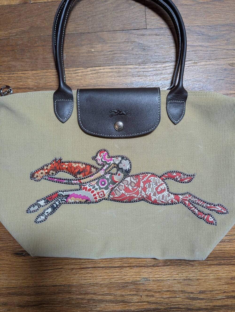 Longchamp Victoire Patchwork Corduroy Med Beige and Brown Leather Trim Tote - Picture 2 of 13